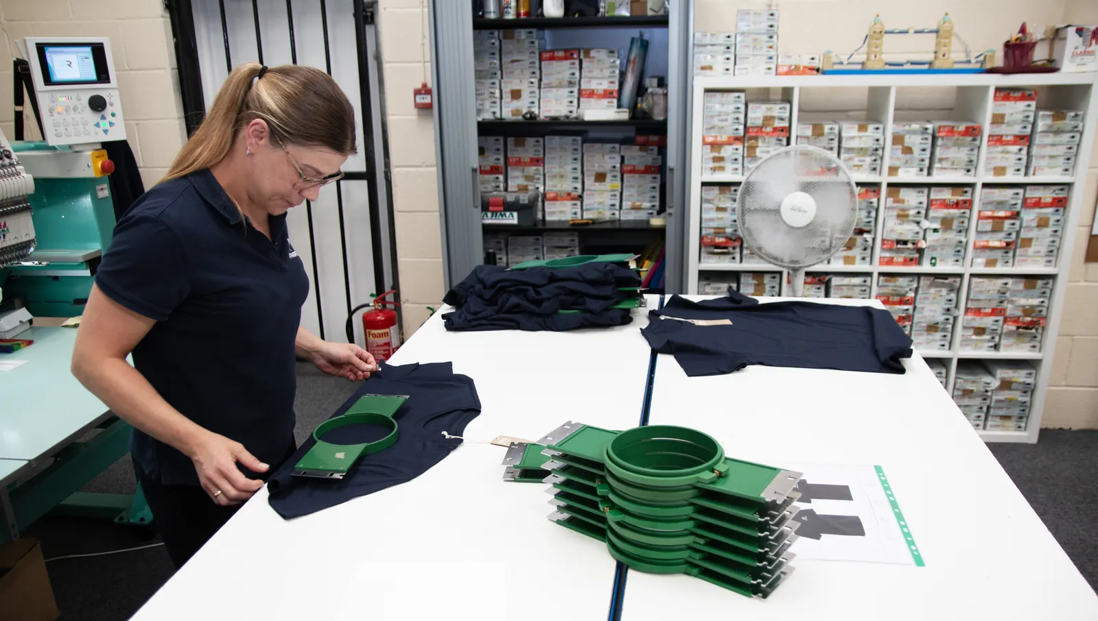 Garments hooped and batched ready for embroidery at BR Apparel