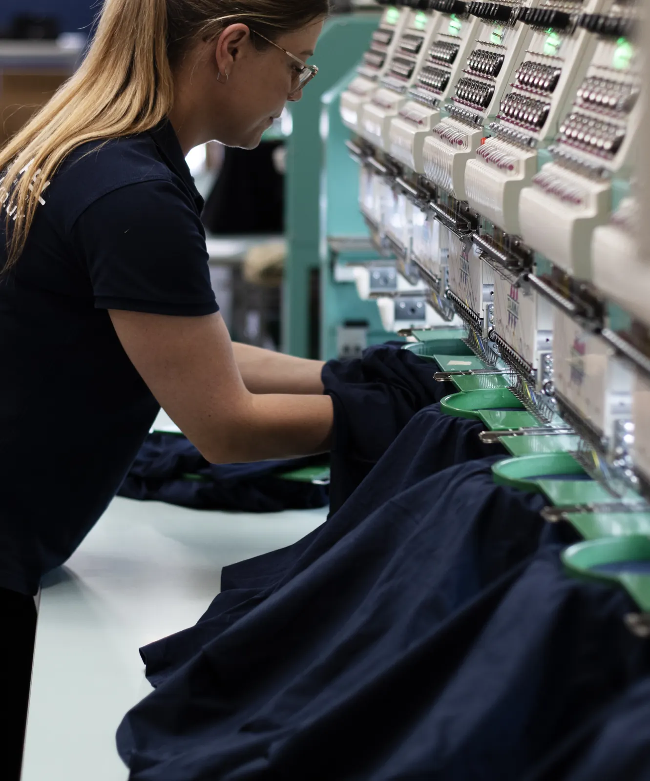 Garment hooped on the embroidery machine line at BR Apparel in Bradford