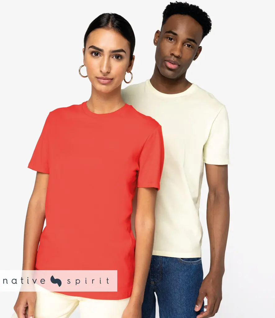 Two models wearing plain crew neck t-shirts, one red and one ivory