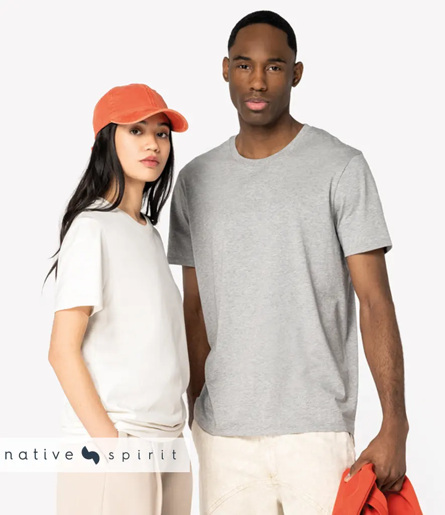 Two models wearing plain heavyweight crew neck t-shirts in off white and grey marl