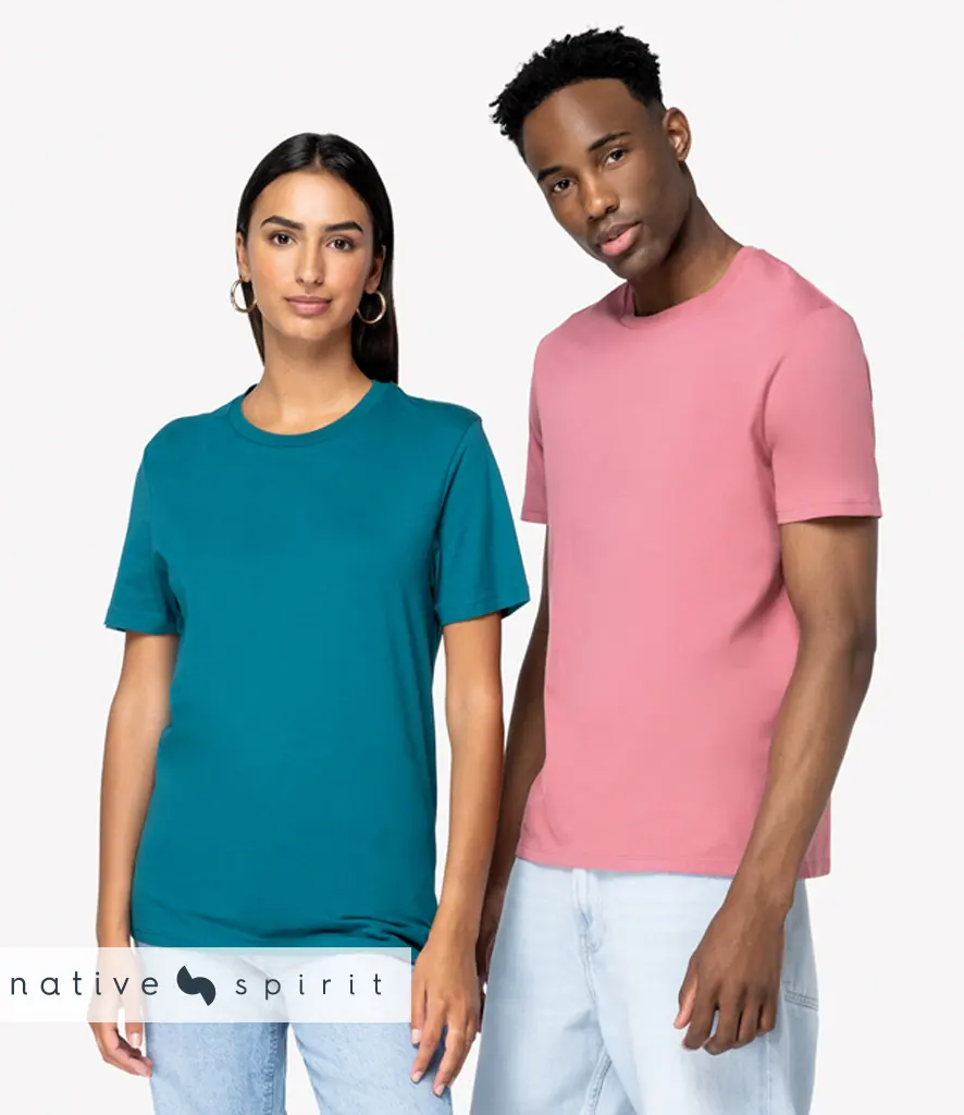 Two models wearing plain heavyweight crew neck t-shirts in teal and pink