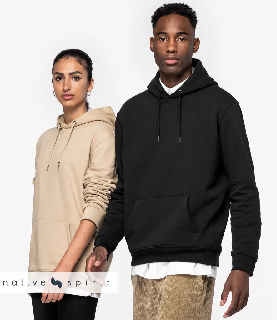 Two models wearing plain heavyweight hooded sweatshirts in sand and black