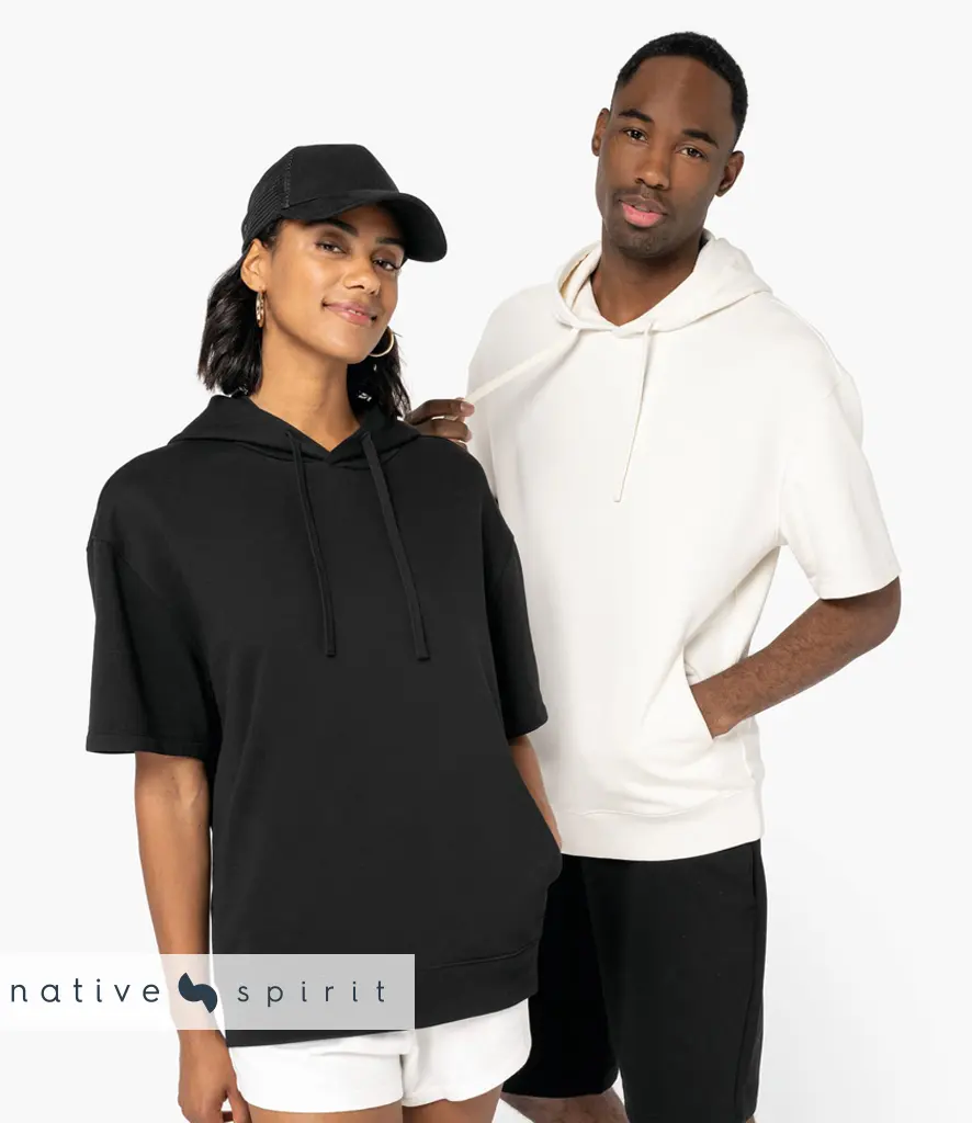 Two models wearing plain short sleeve hooded sweatshirts in black and off white
