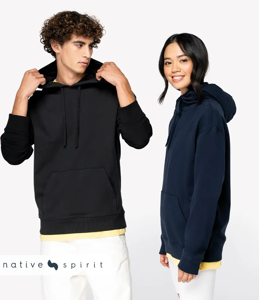 Two models wearing plain relaxed fit hooded sweatshirts in black and navy