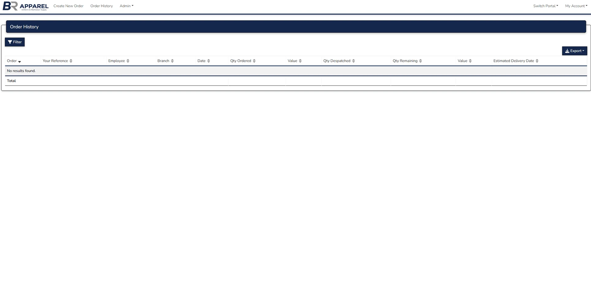 Order history screen showing the filterable order log with despatch tracking