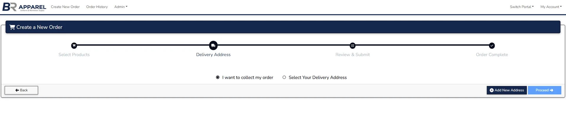 Delivery address step with collection or delivery options