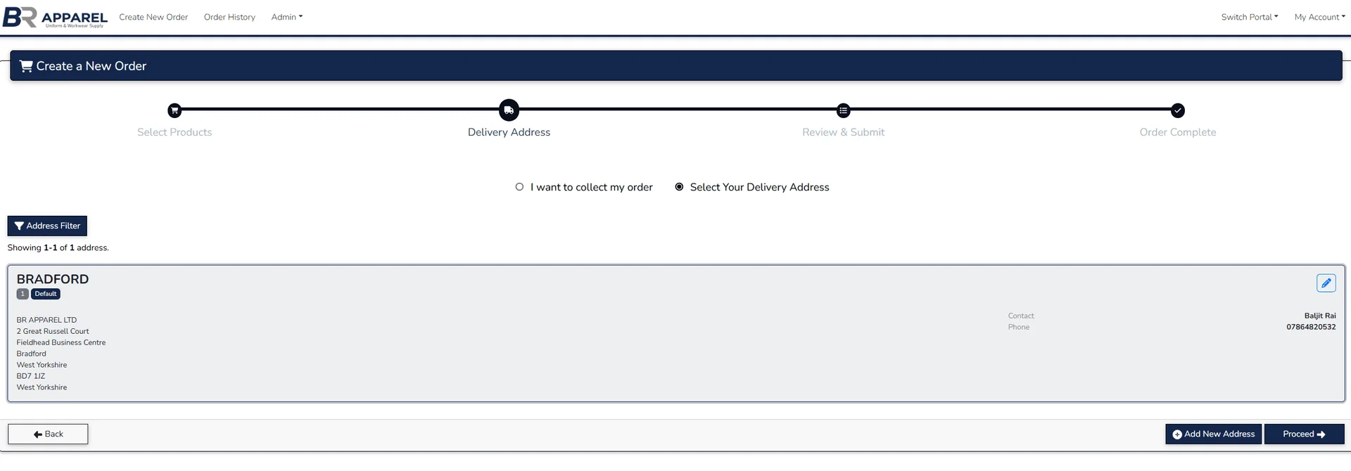 Saved addresses screen showing a default Bradford site