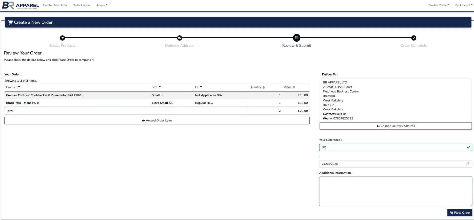 Order review screen with items, delivery address, reference field and required date