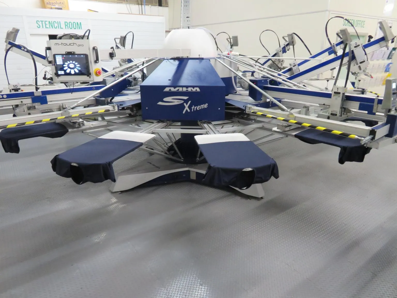 Multi-station carousel screen printing press loaded with navy garments